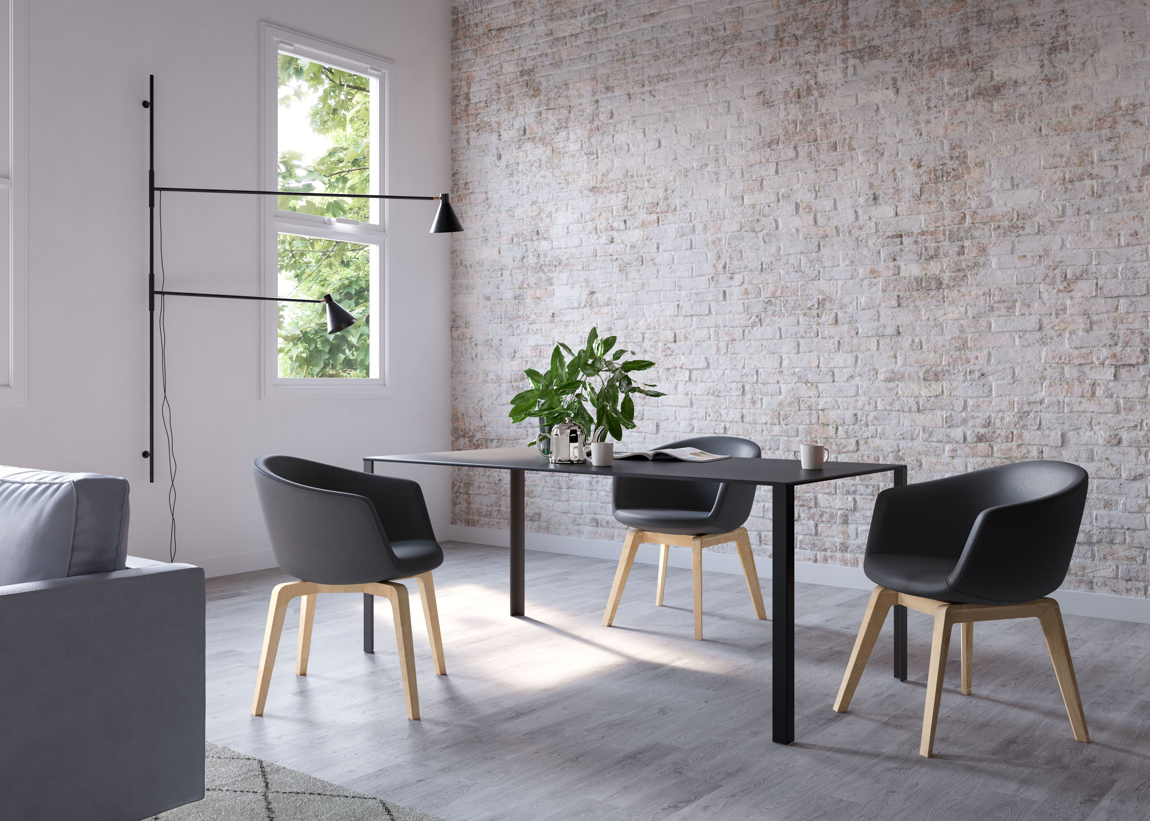 furniture, table, dining table, dining room, interior design, chair, desk, cup, floor, plant