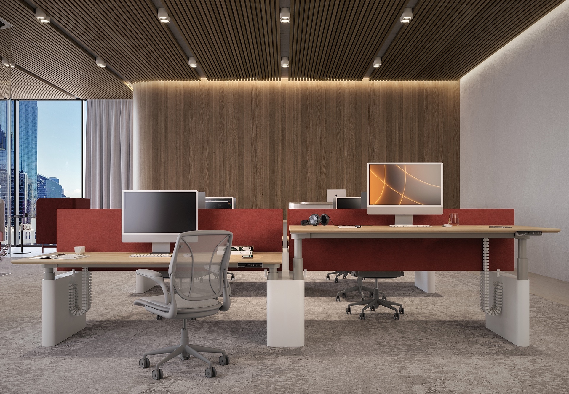indoors, interior design, furniture, table, chair, desk, monitor, office, lamp, cup