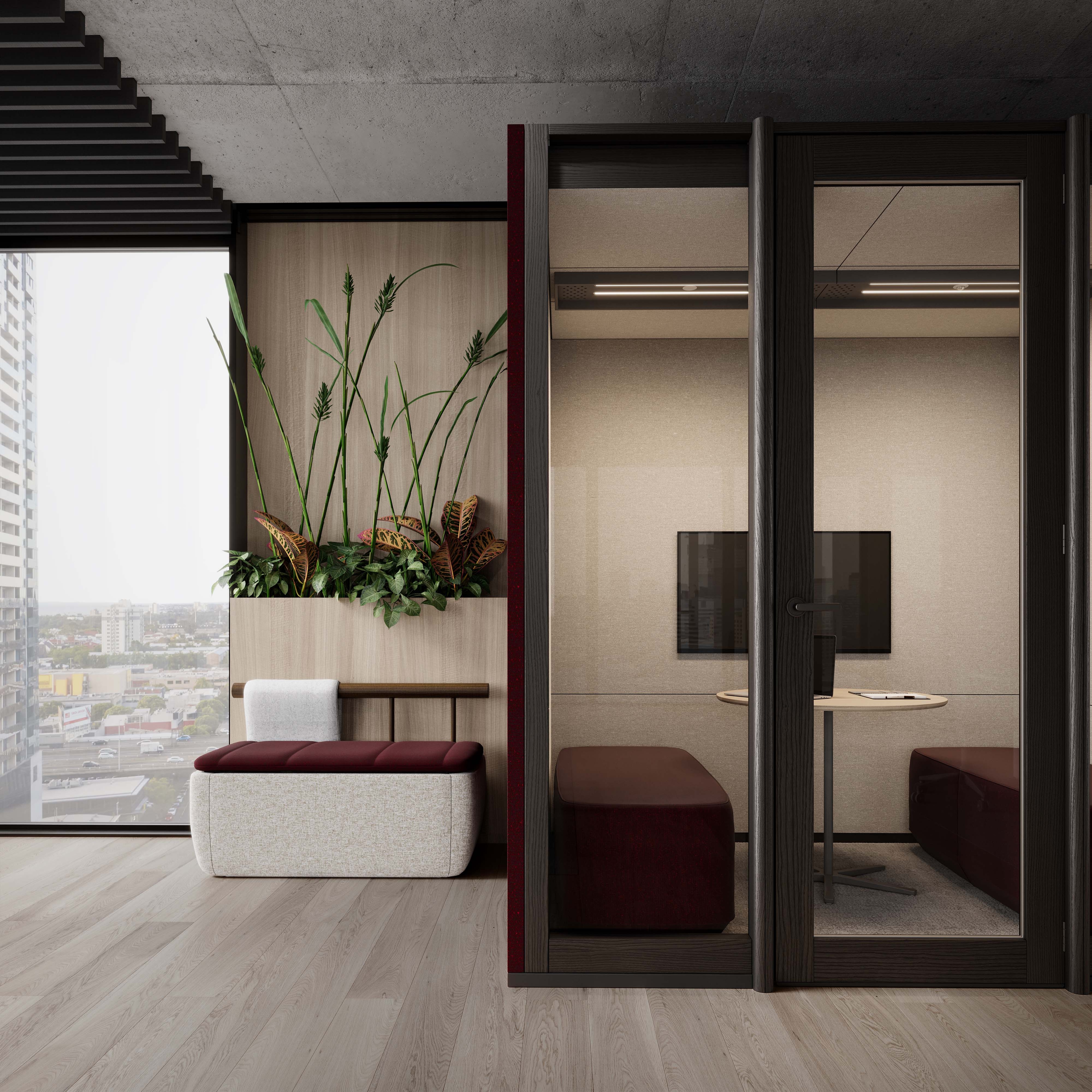 indoors, interior design, door, furniture, living room, room, monitor, screen, desk, flooring