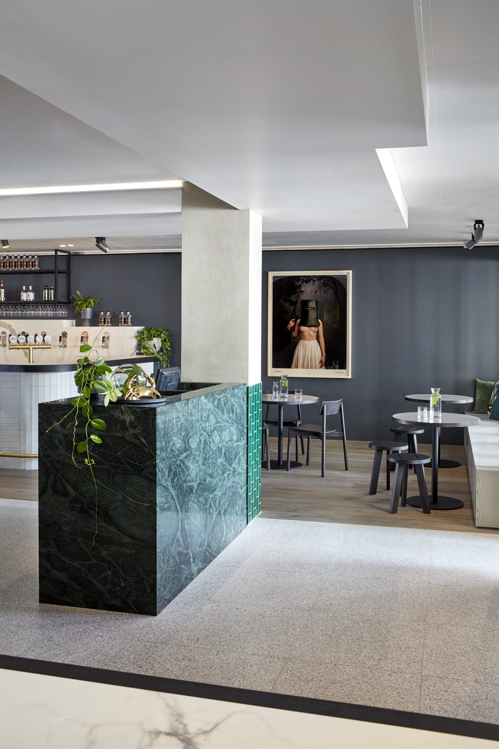 floor, furniture, table, indoors, interior design, building, foyer, dining room, dining table, room
