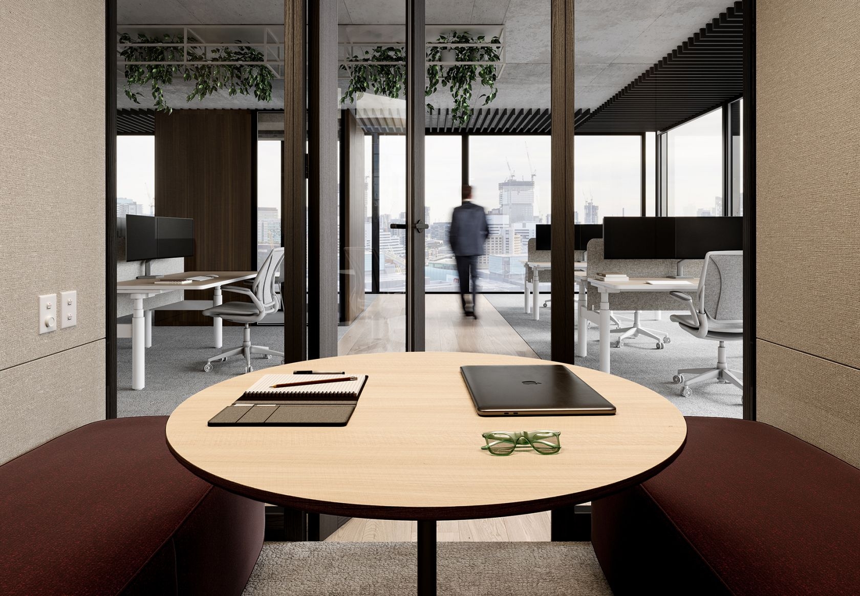 furniture, table, indoors, interior design, laptop, coat, tabletop, office, desk, person