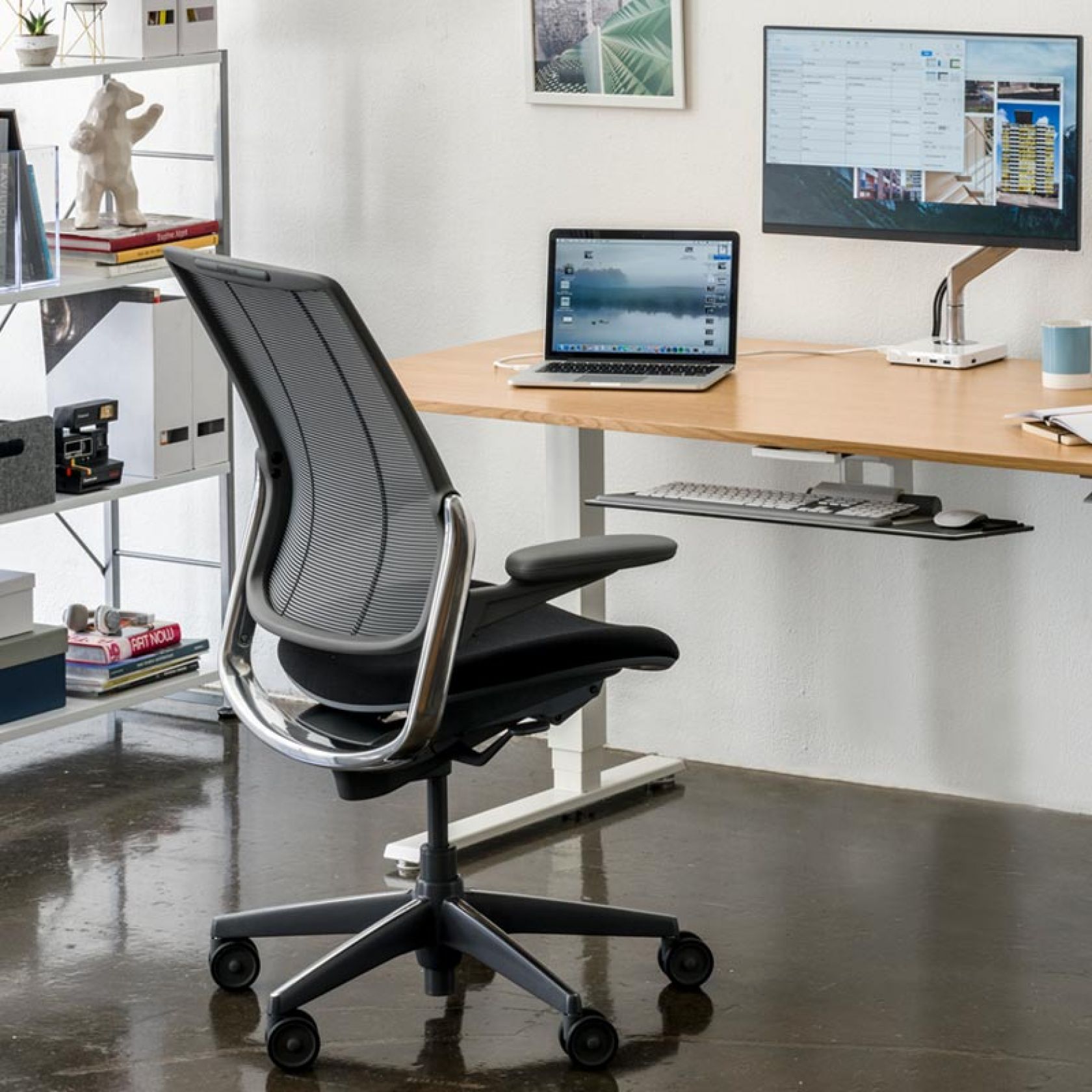furniture, indoors, chair, electronics, laptop, pc, office, office chair, monitor, screen