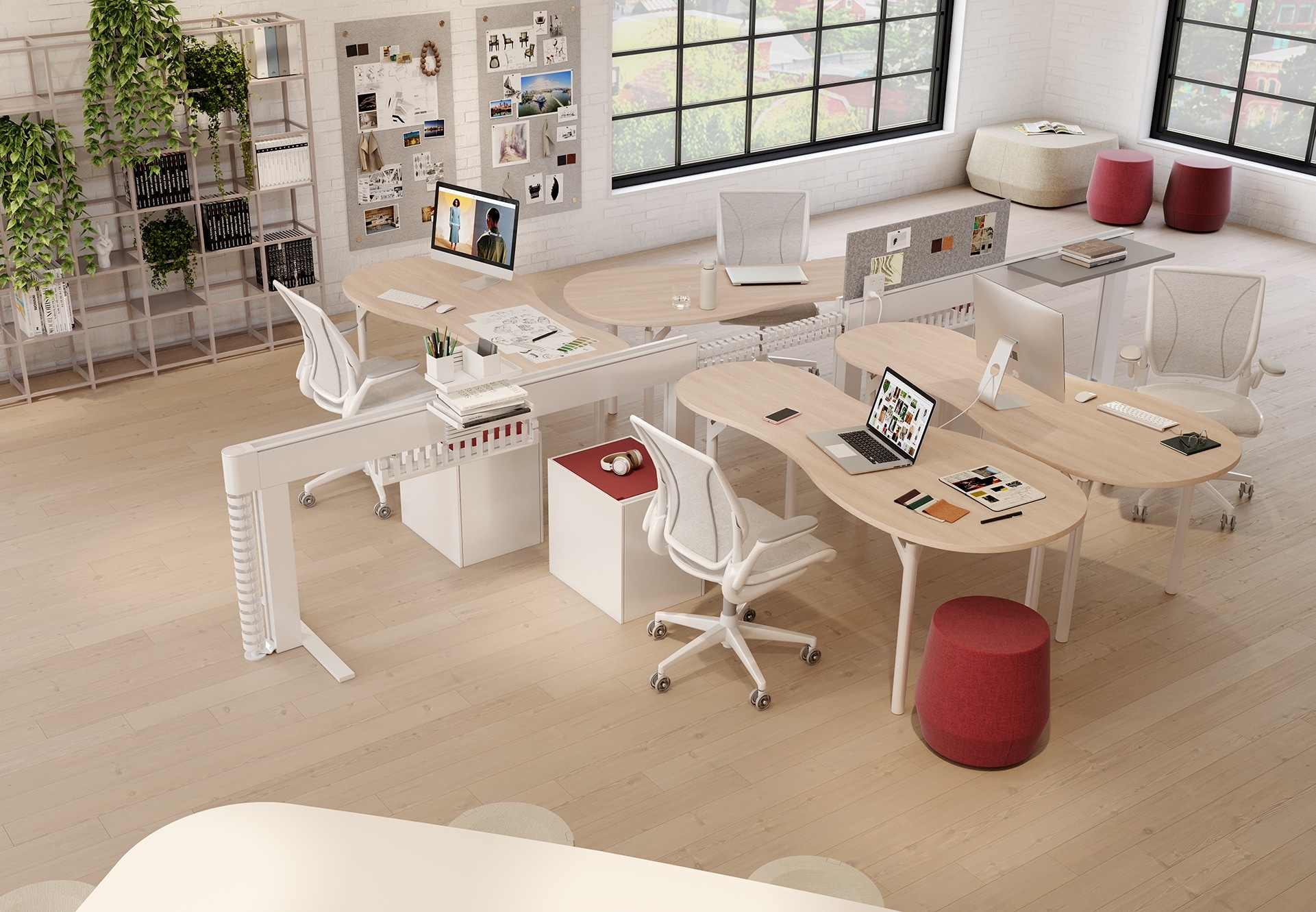 furniture, table, chair, laptop, indoors, mobile phone, desk, plant, person, monitor