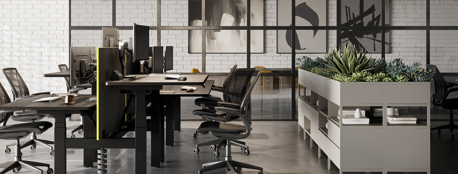 furniture, table, chair, indoors, interior design, desk, plant, potted plant, office