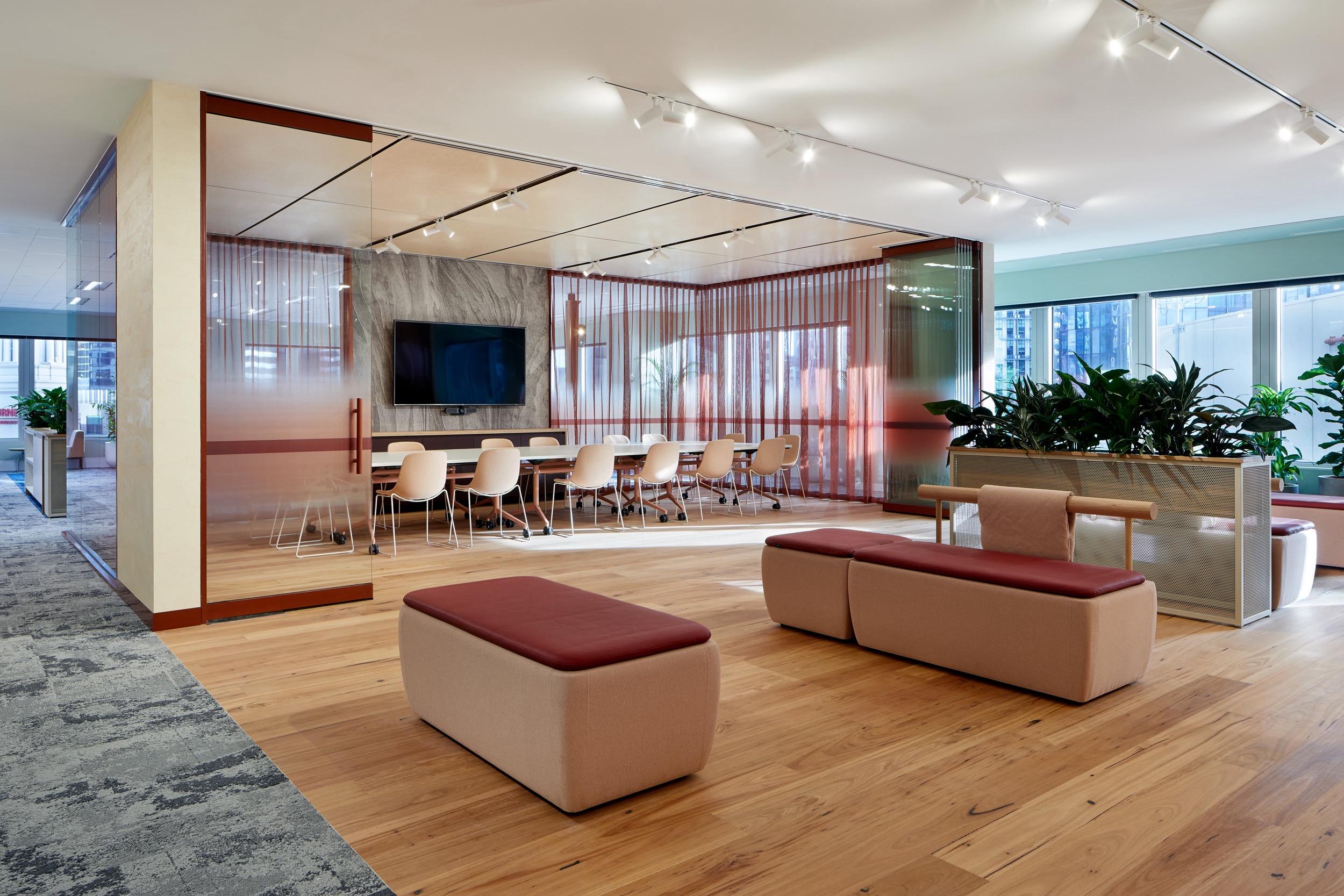 indoors, interior design, furniture, living room, foyer, monitor, plant, floor, chair, flooring