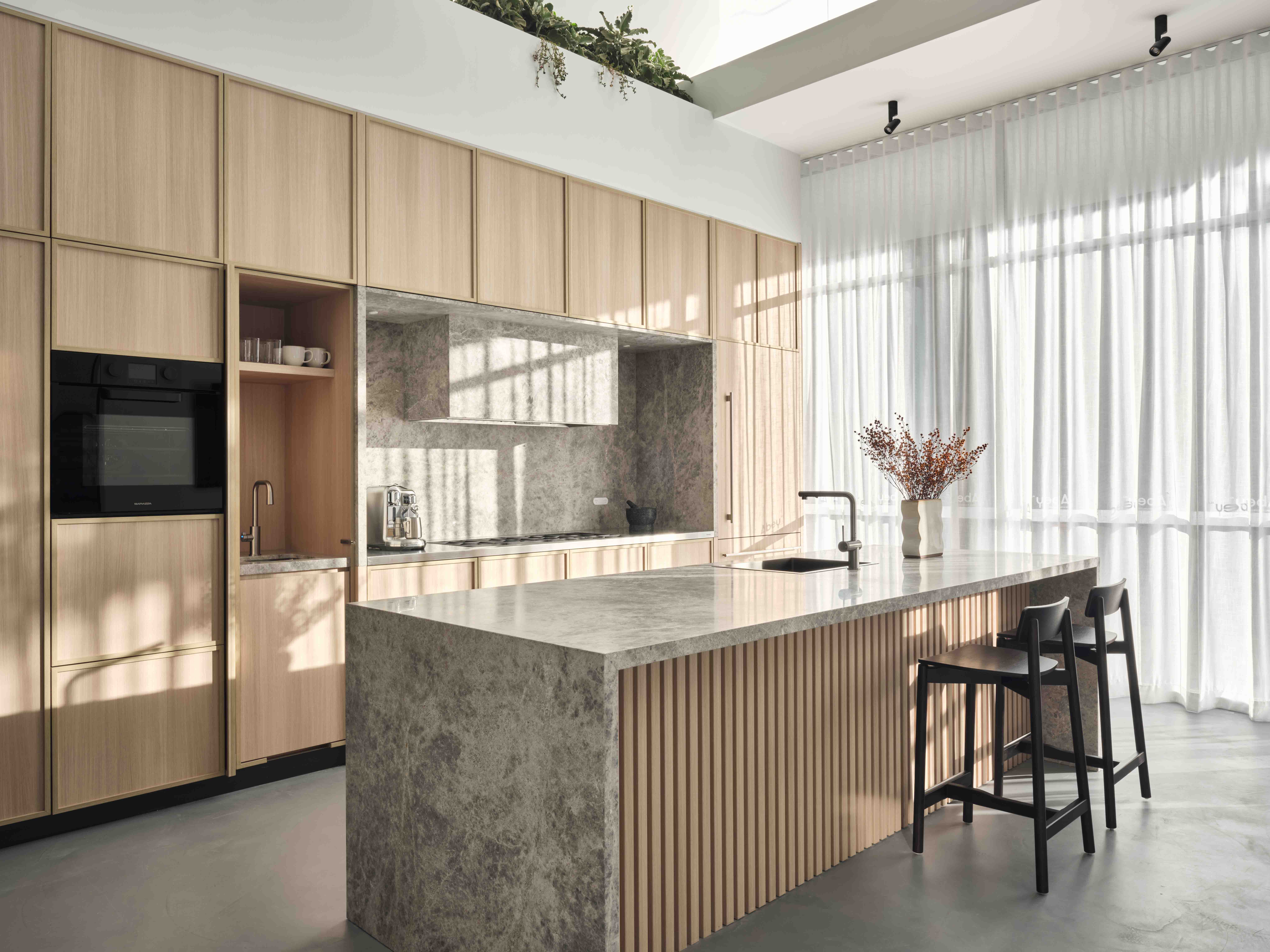 indoors, interior design, kitchen, wood panels, kitchen island, appliance, device, electrical device, microwave, oven