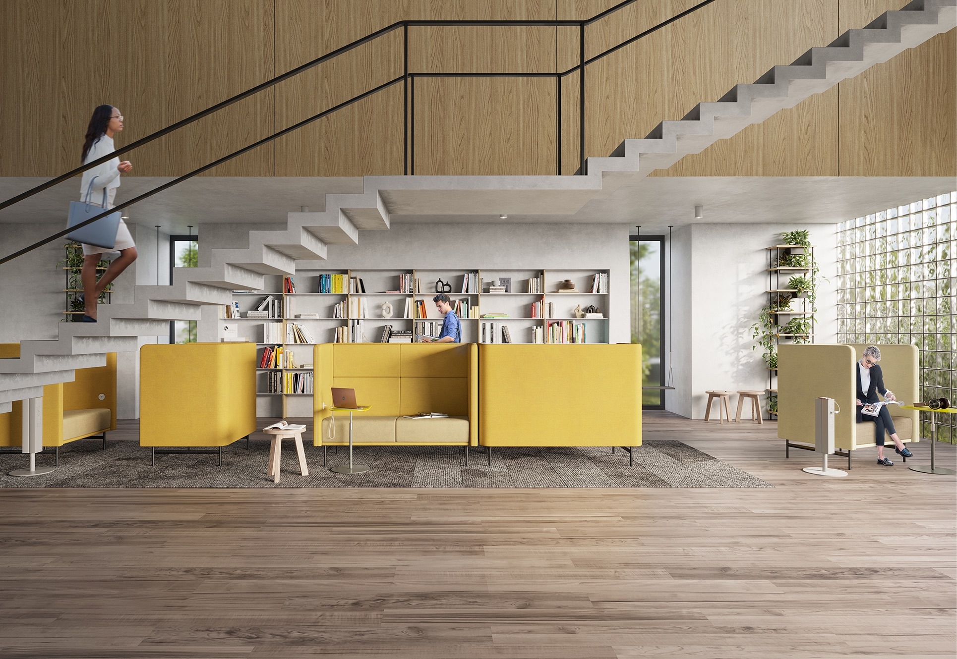 indoors, interior design, housing, staircase, floor, flooring, person, living room, shoe, handbag