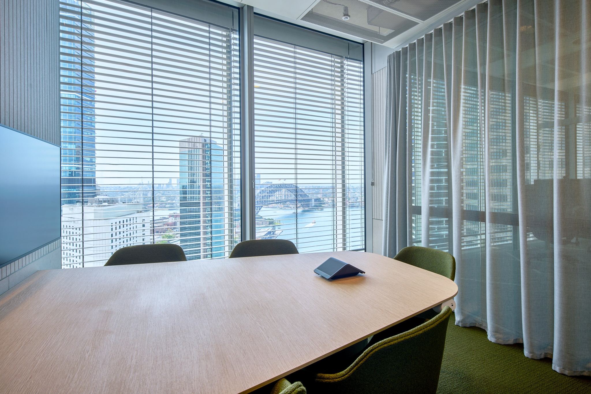 desk, furniture, table, indoors, chair, meeting room, office, room, interior design