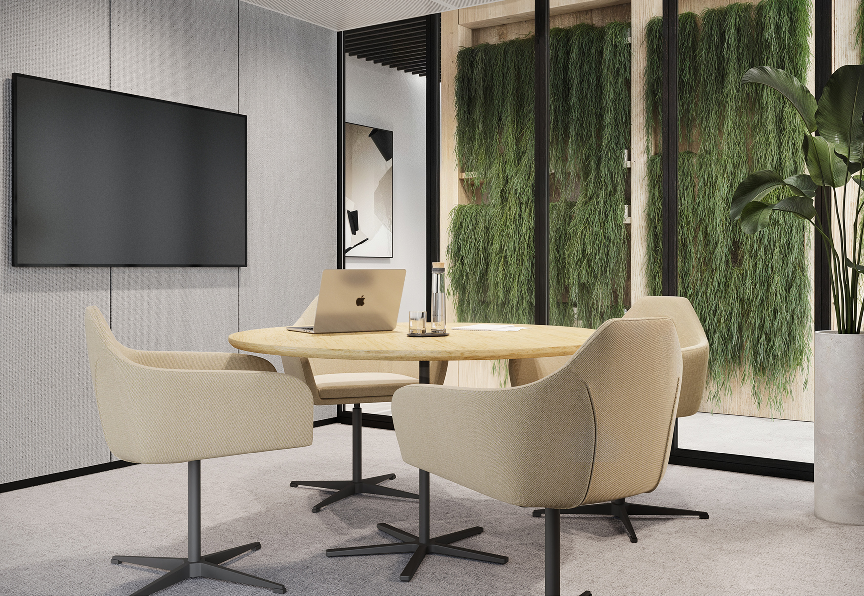 chair, furniture, indoors, interior design, desk, table, laptop, plant, screen, monitor