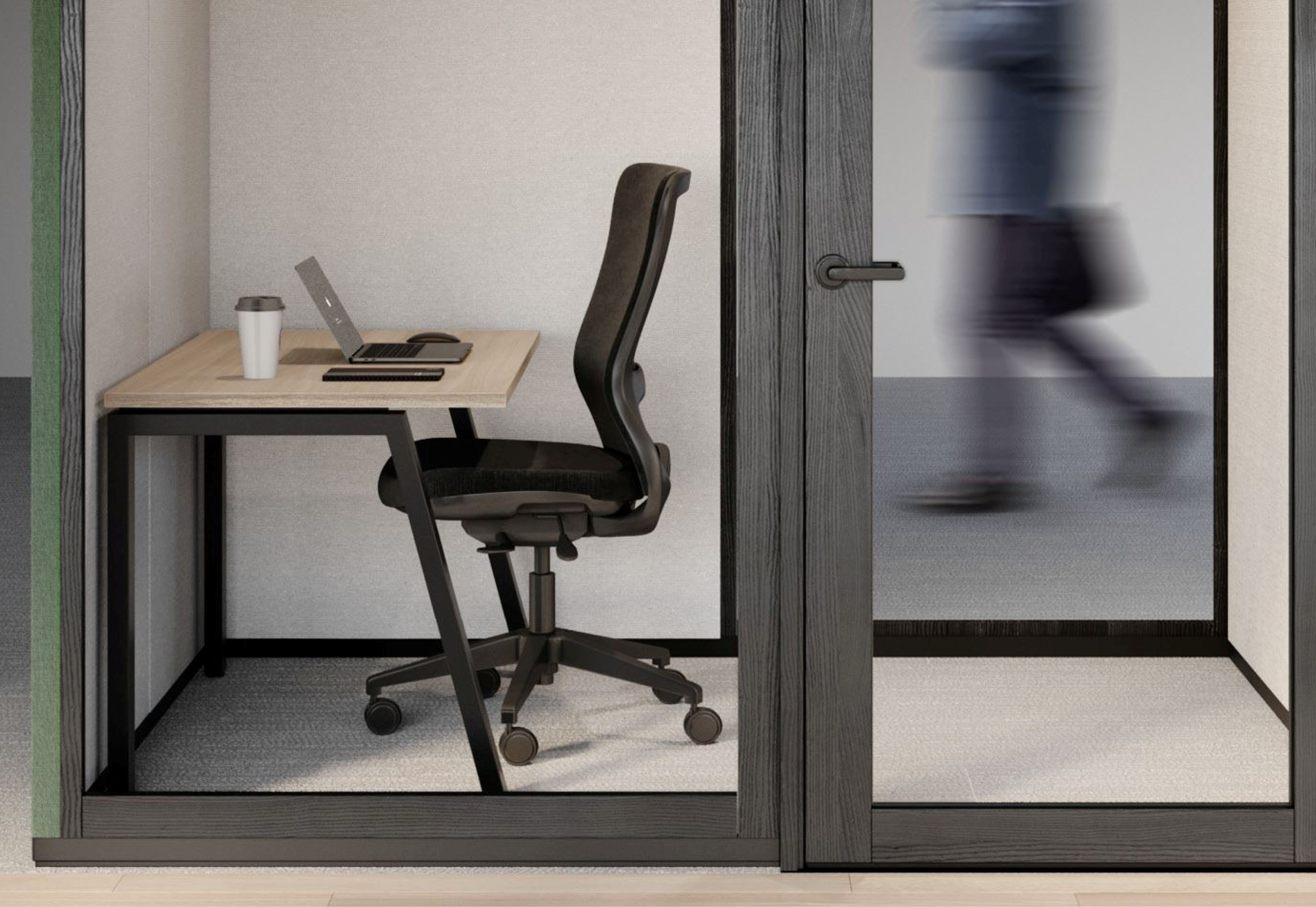 door, chair, furniture, cup, laptop, desk, table, person, housing, indoors