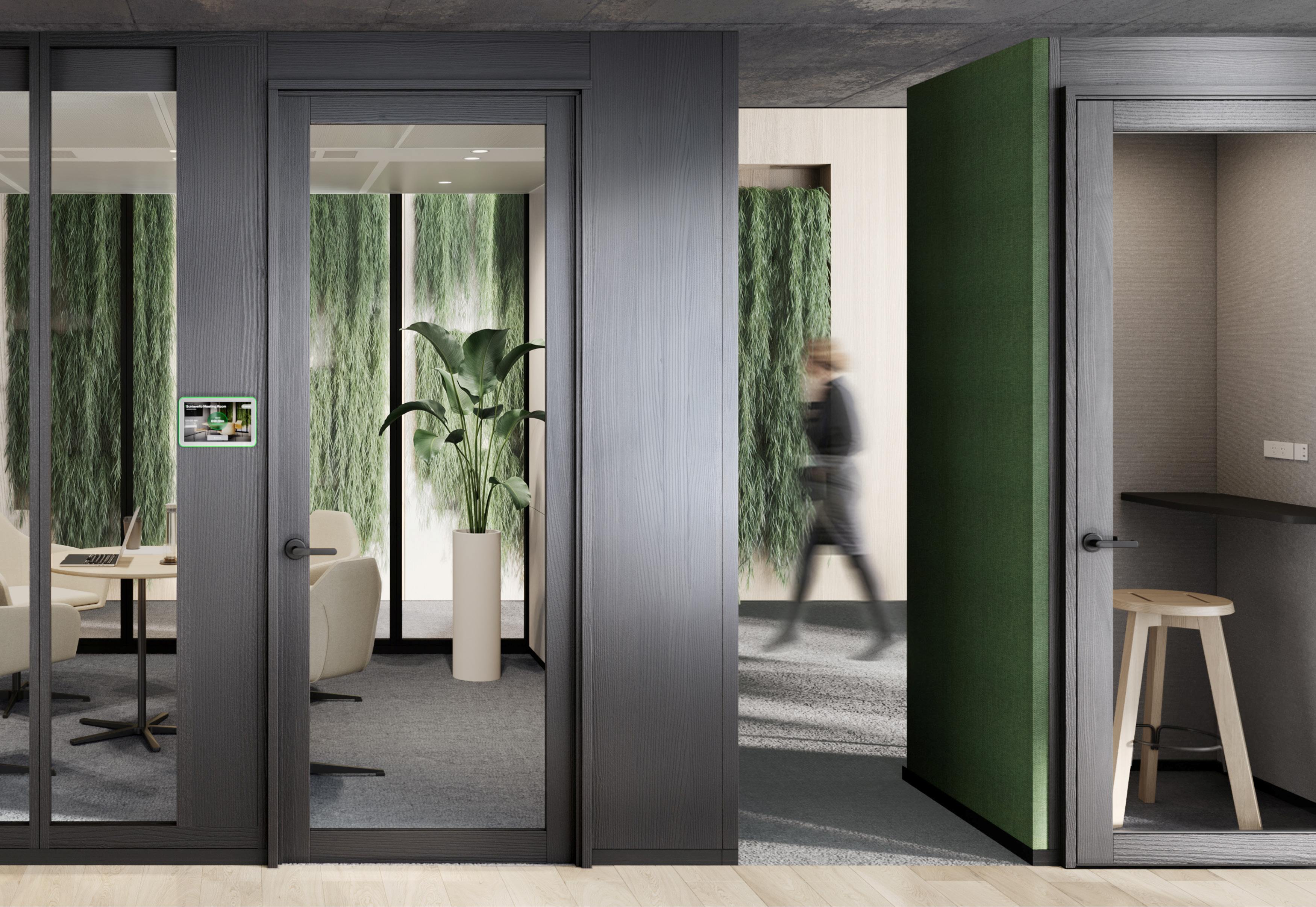 door, person, plant, desk, furniture, table, building, housing, house, chair