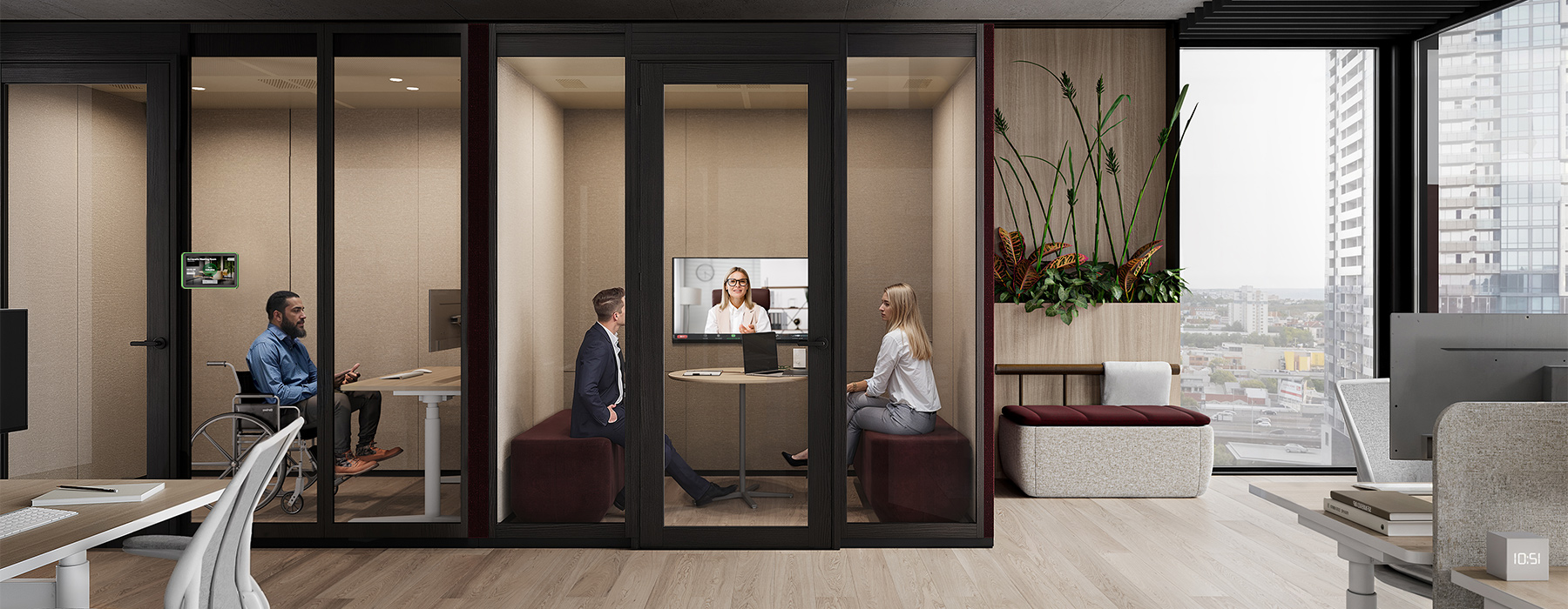 door, desk, person, adult, female, woman, male, man, sliding door, housing