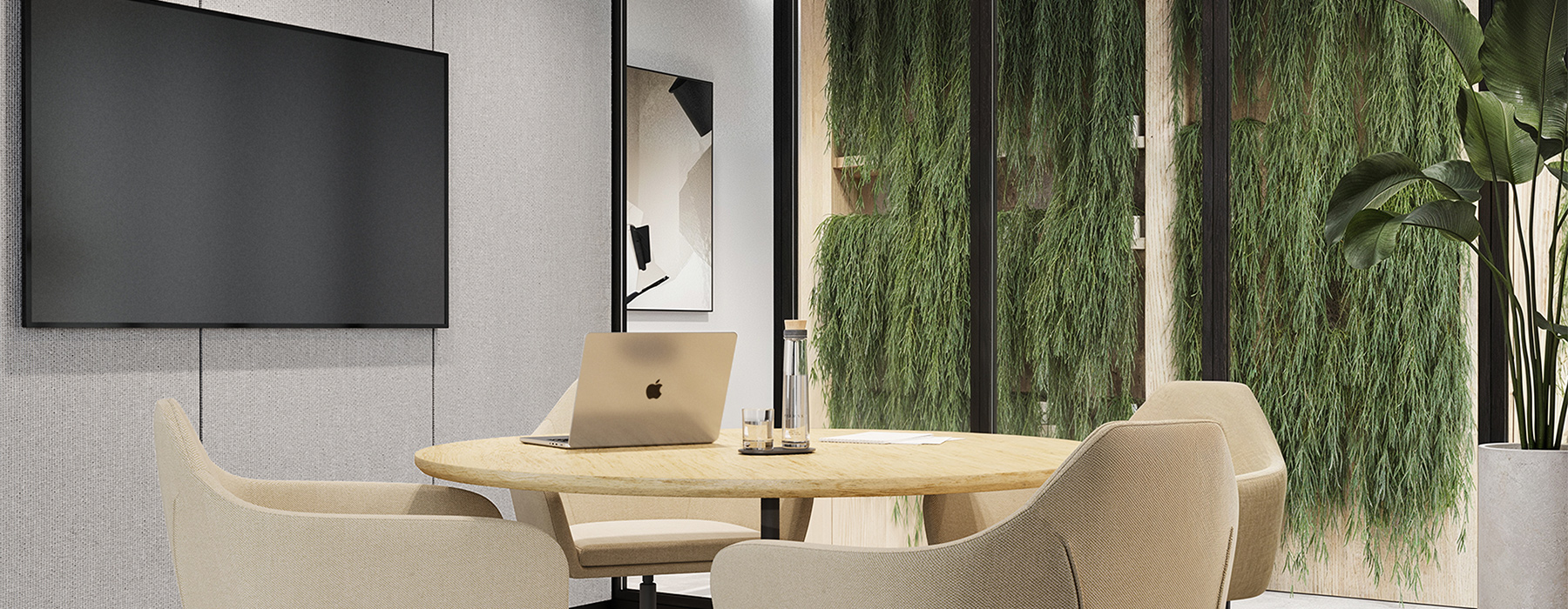 furniture, table, dining table, dining room, indoors, interior design, chair, laptop, potted plant, screen