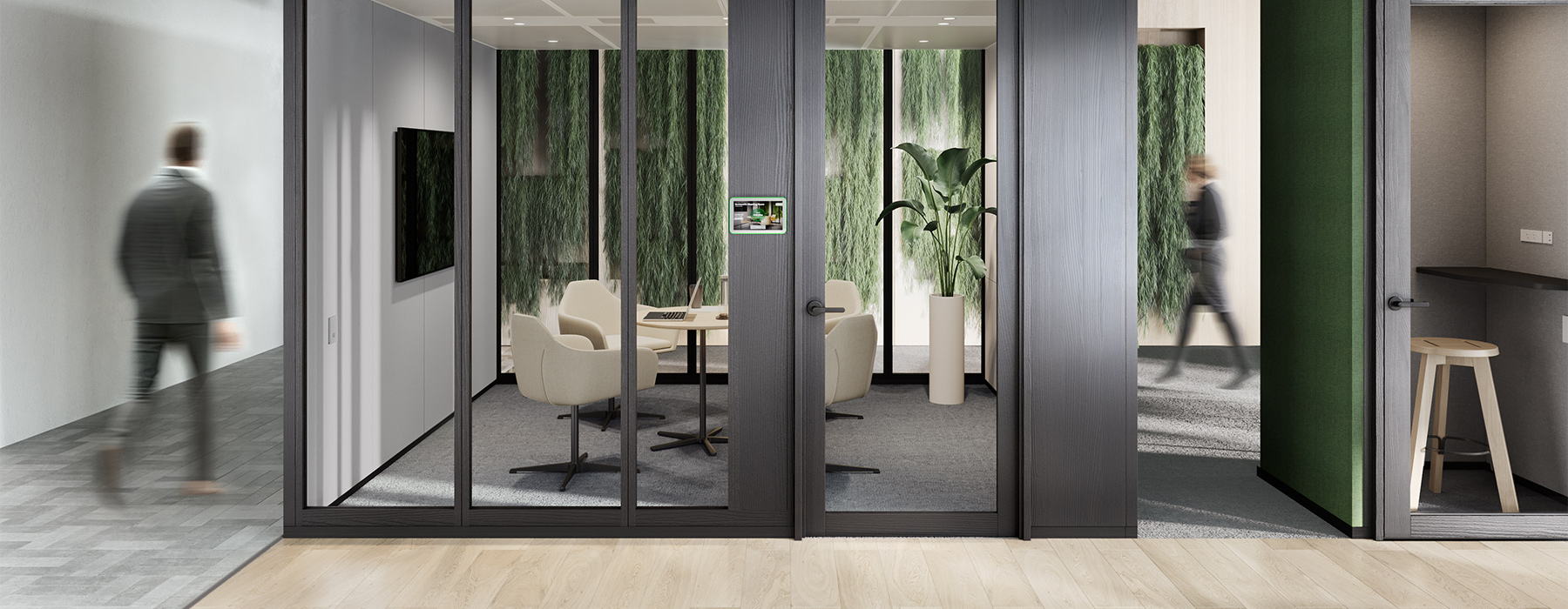door, building, housing, person, plant, clothing, coat, chair, furniture, desk