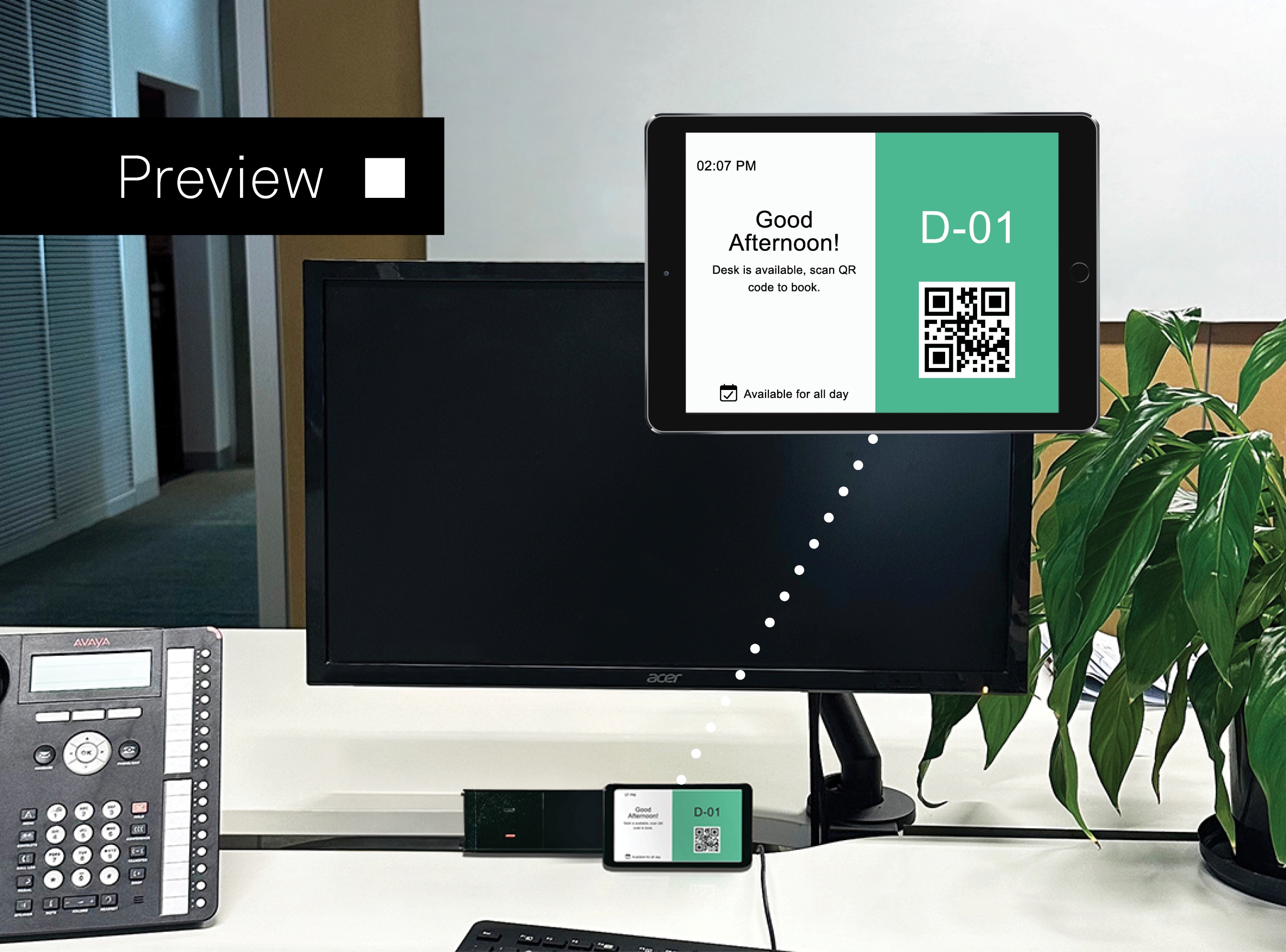 computer hardware, electronics, hardware, monitor, screen, furniture, table, computer, desk, qr code