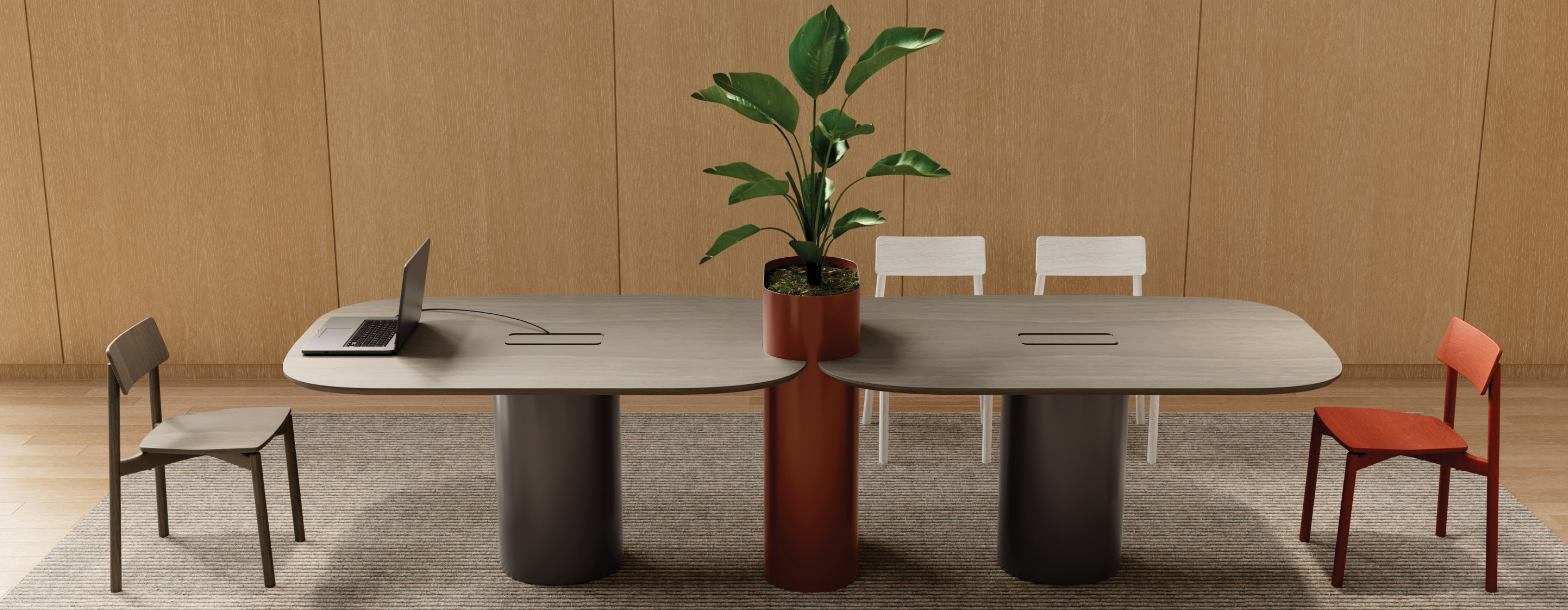 dining table, furniture, table, plant, potted plant, chair, dining room, desk, tabletop, laptop