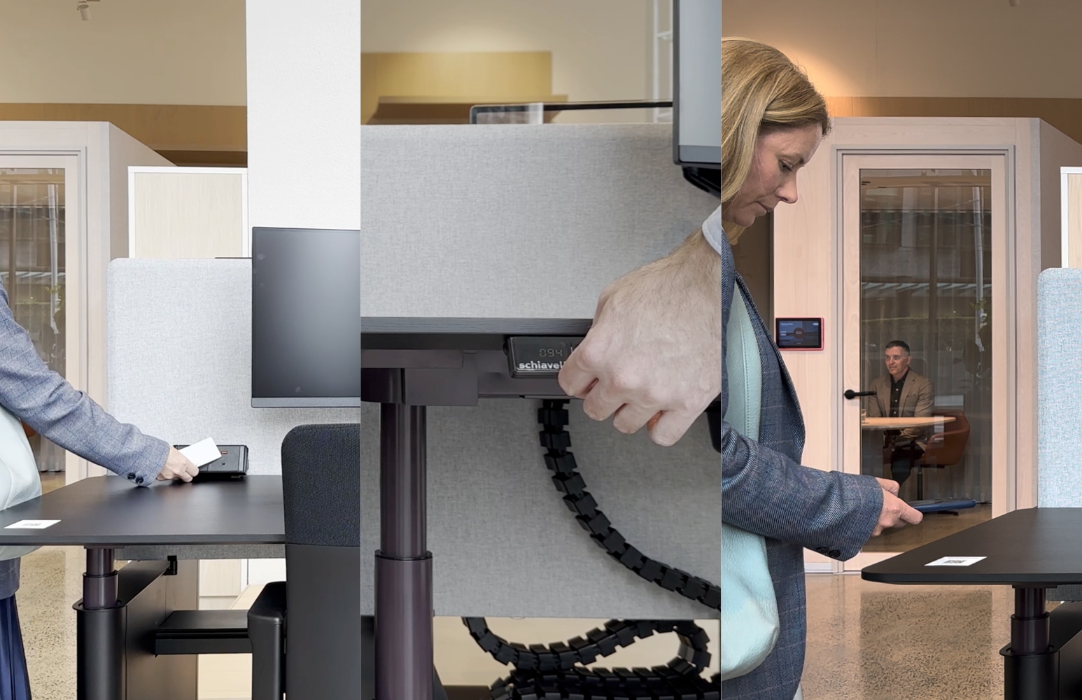 furniture, table, desk, adult, female, person, woman, monitor, screen, tie