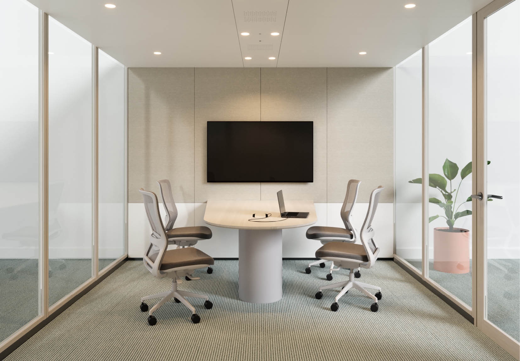 indoors, chair, desk, laptop, office, plant, meeting room, monitor, screen, interior design