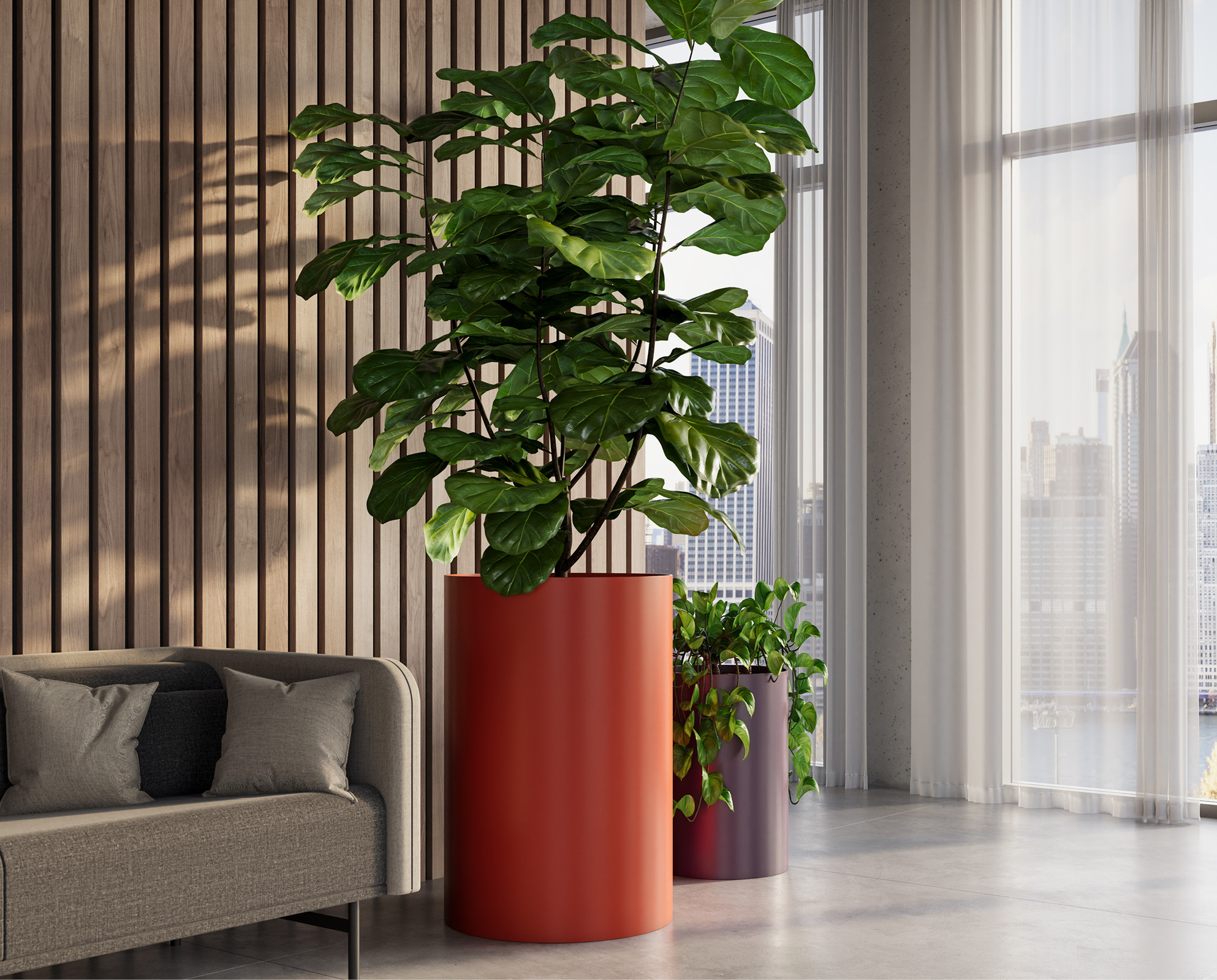 plant, potted plant, jar, planter, pottery, vase, indoors, interior design, couch, furniture