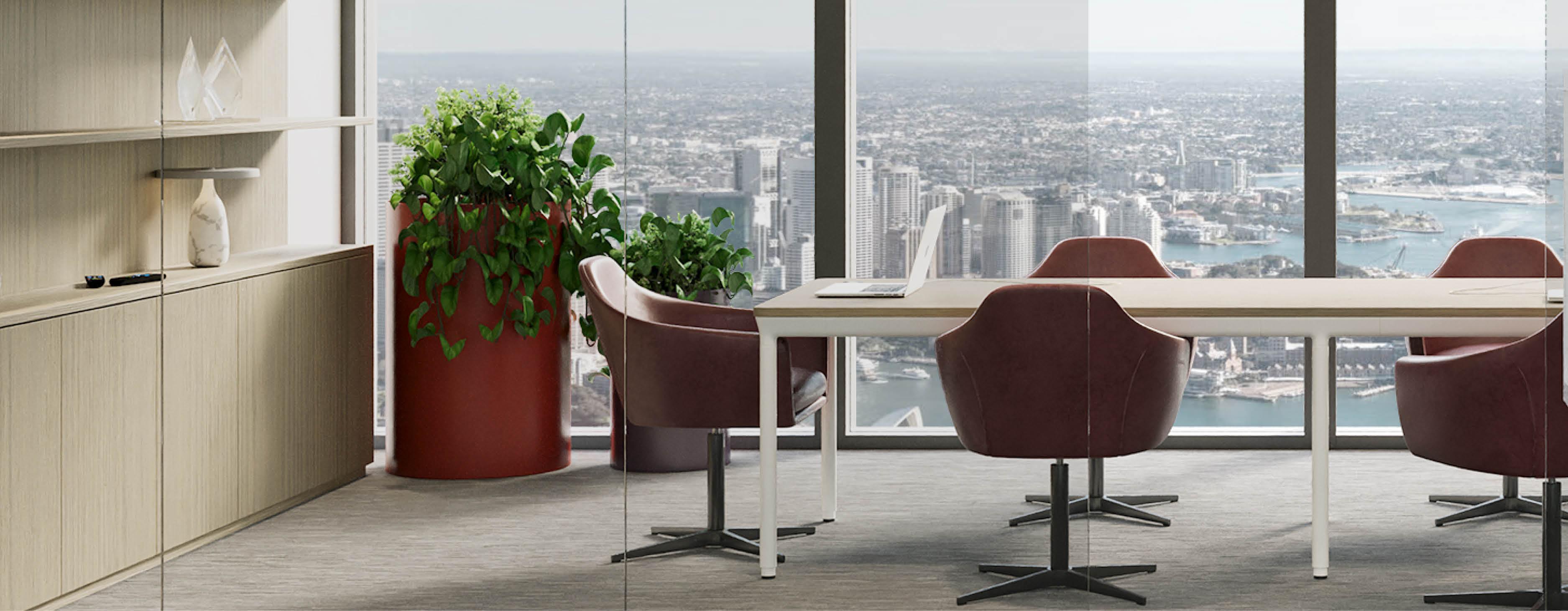 plant, potted plant, chair, indoors, dining table, table, laptop, dining room, desk, office