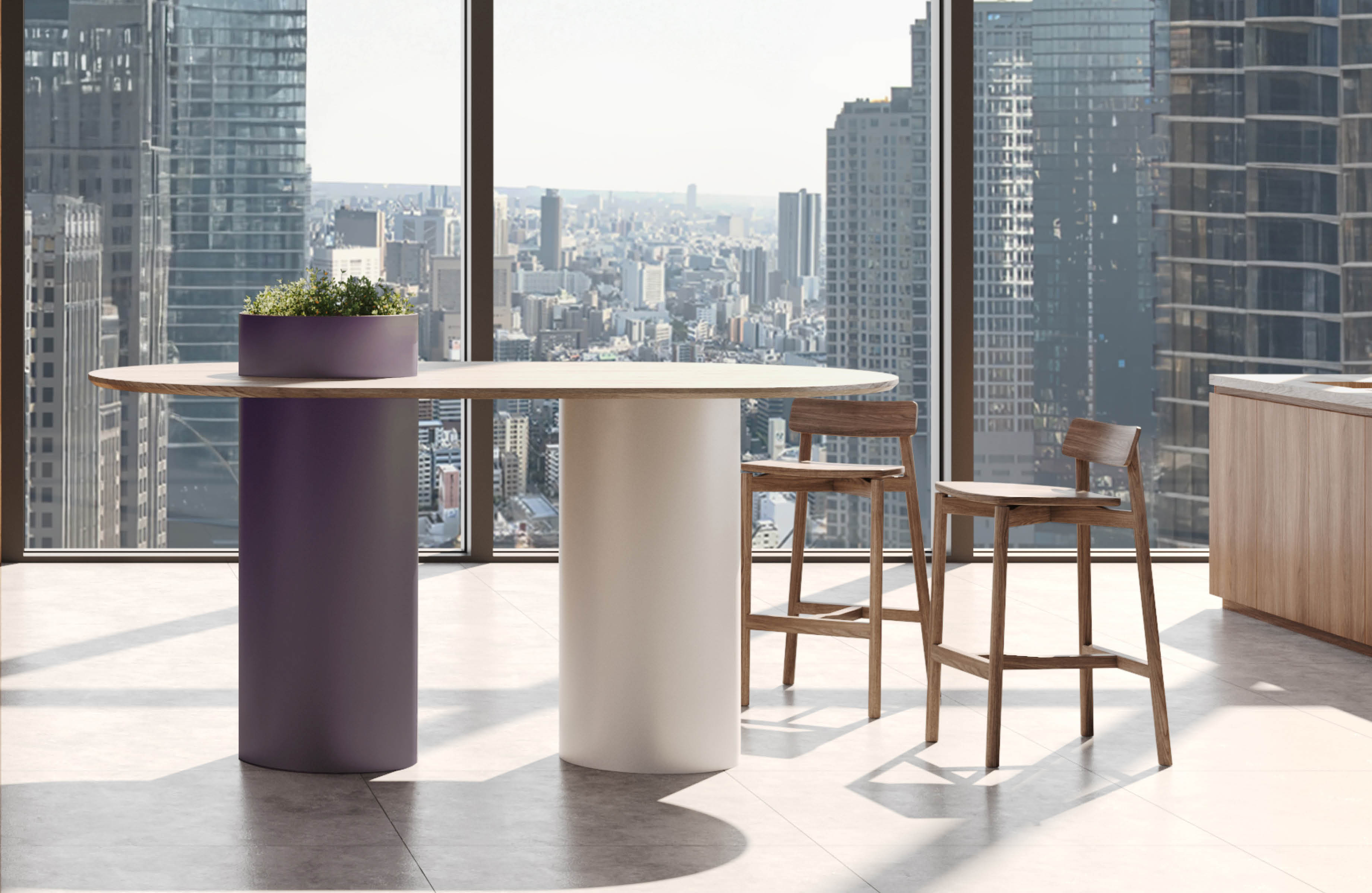 furniture, table, dining table, city, chair, dining room, room, plant, urban, potted plant