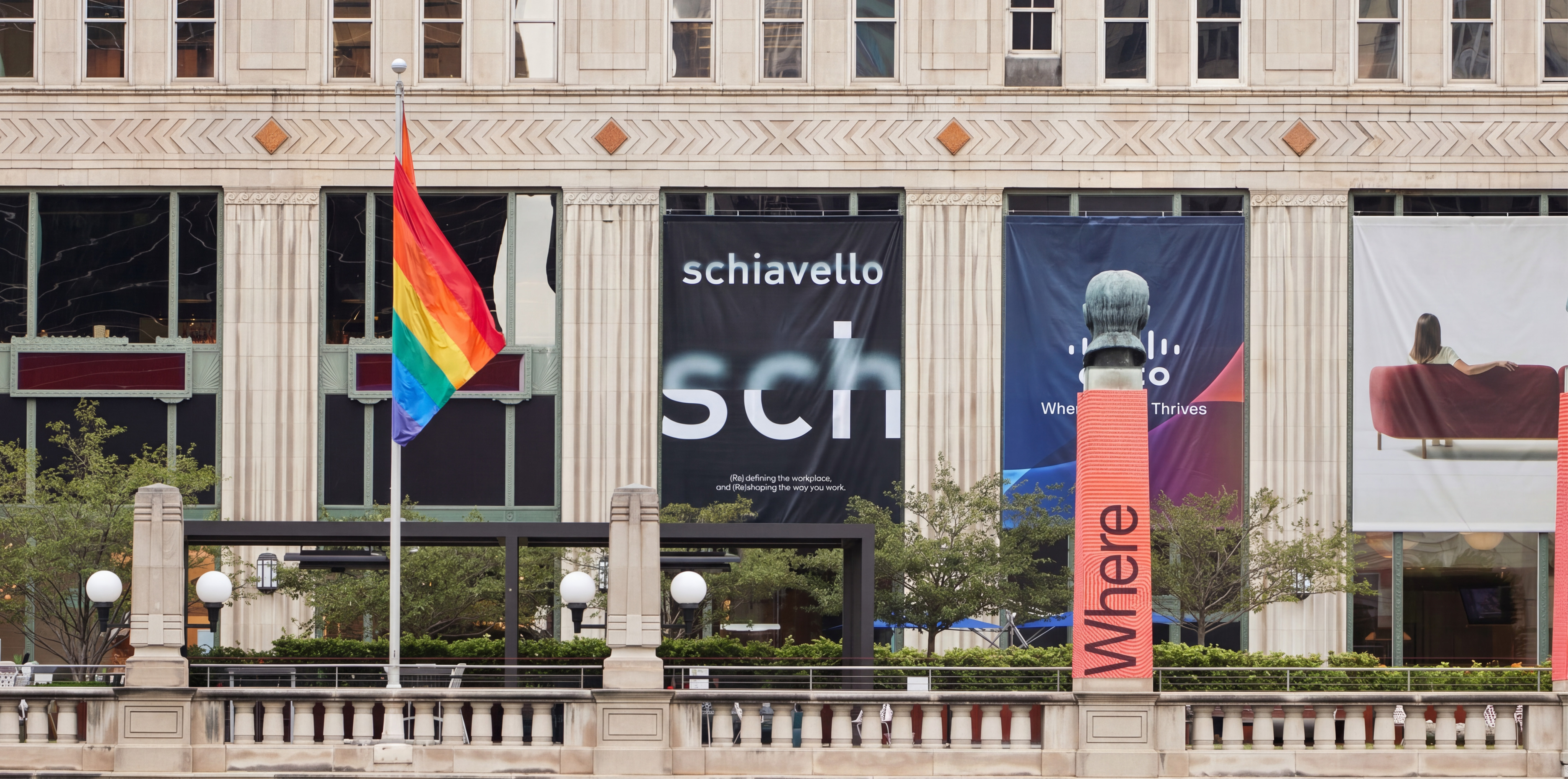 flag, advertisement, city, person