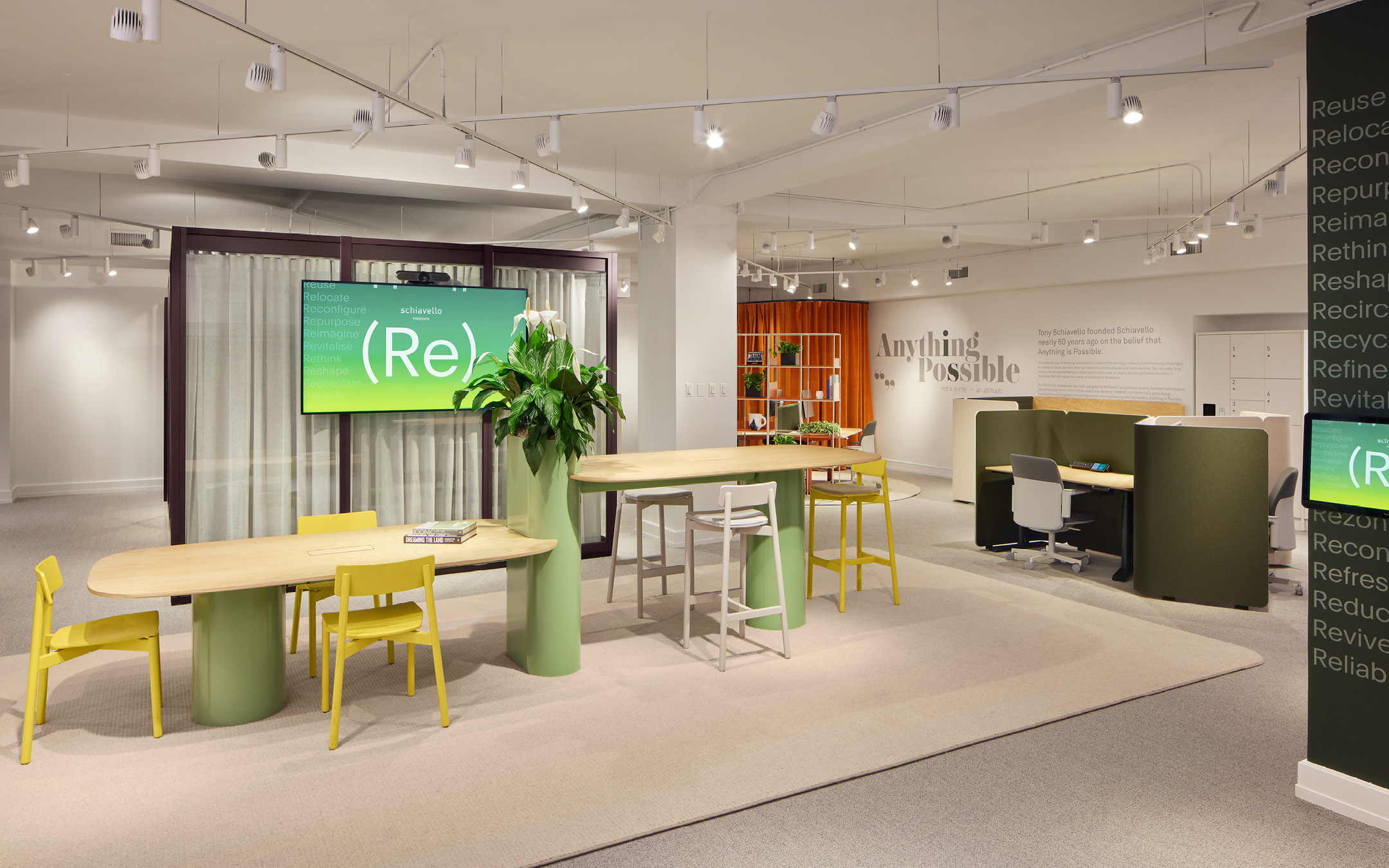 furniture, table, chair, dining table, desk, cafeteria, indoors, lighting, monitor, plant