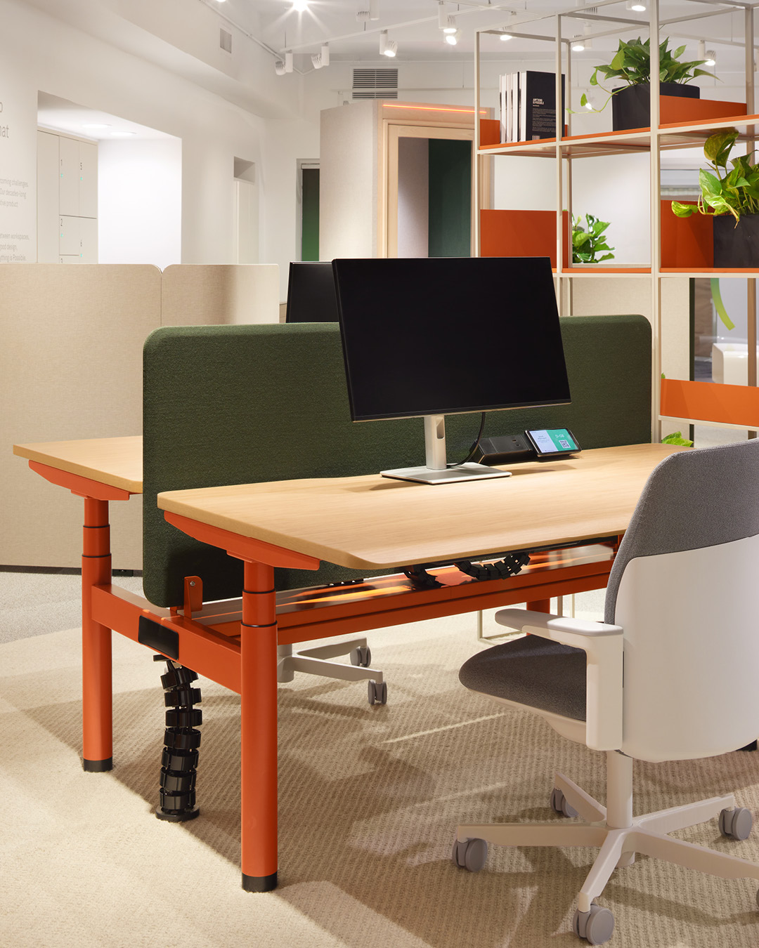furniture, table, desk, plant, chair, indoors, electronics, monitor, screen, computer