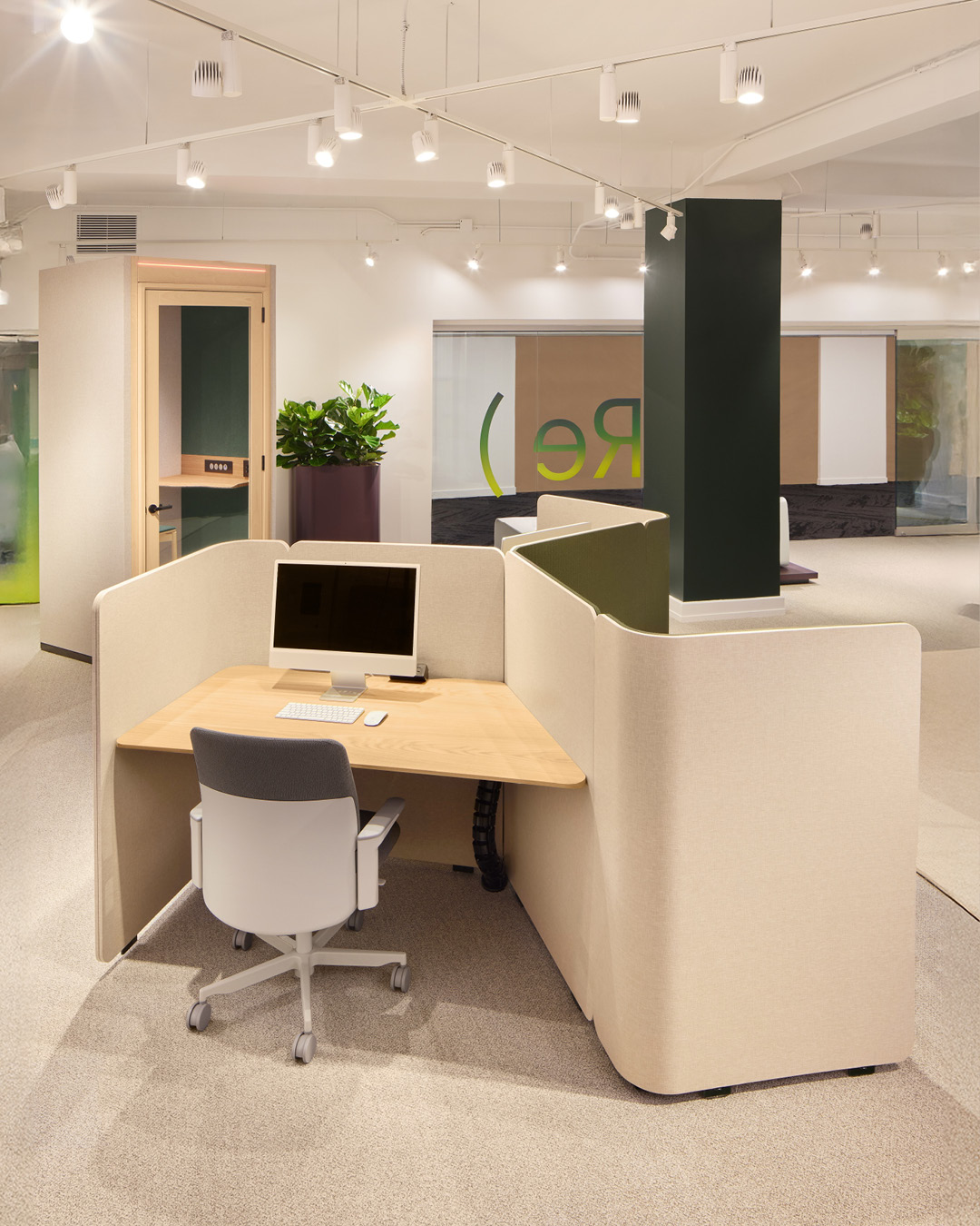 furniture, table, chair, plant, desk, indoors, monitor, computer, computer keyboard, potted plant
