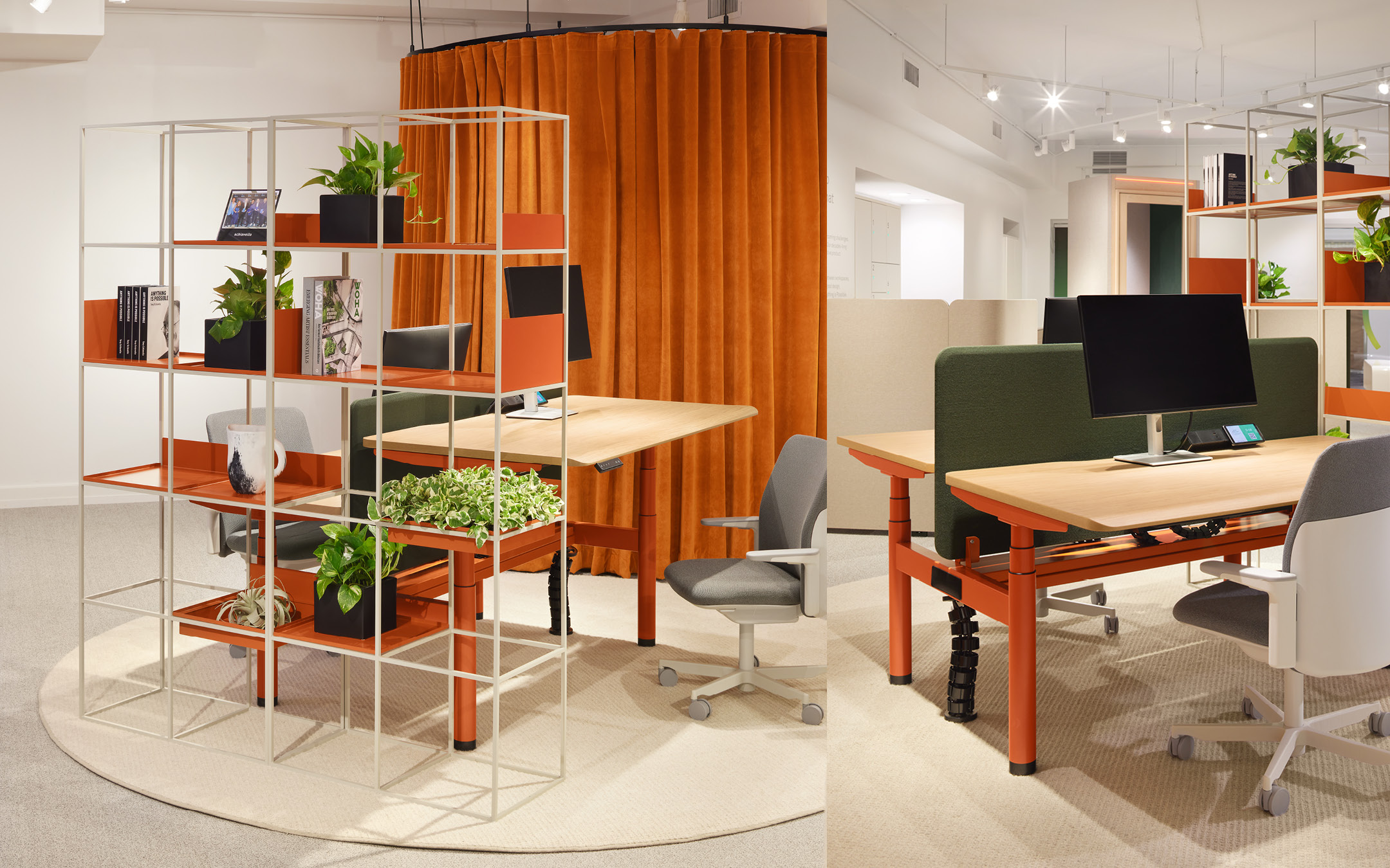 furniture, table, chair, indoors, interior design, plant, potted plant, monitor, screen, desk