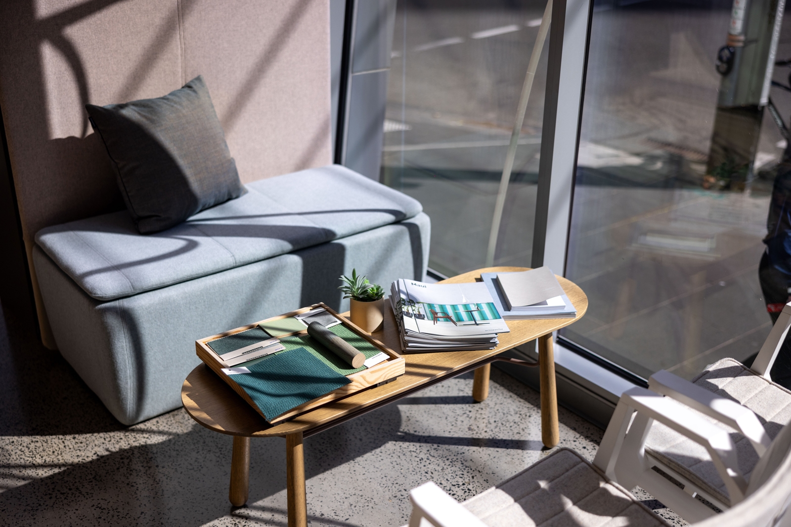 furniture, table, coffee table, couch, plant, desk, person, chair