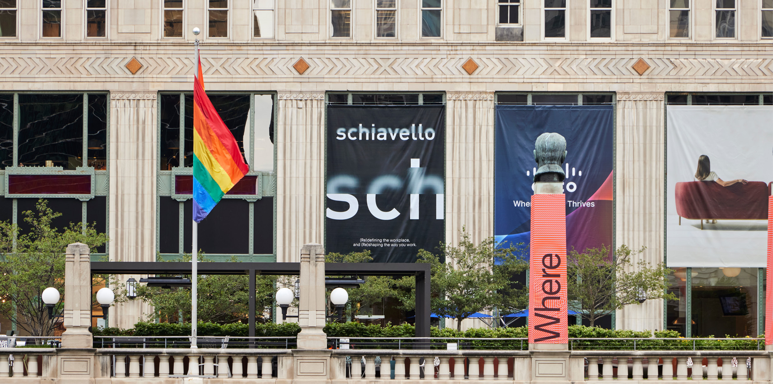 flag, advertisement, city, person